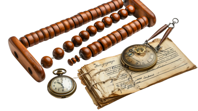 Scholars Essentials with Abacus, Watch, and Stationery on white background