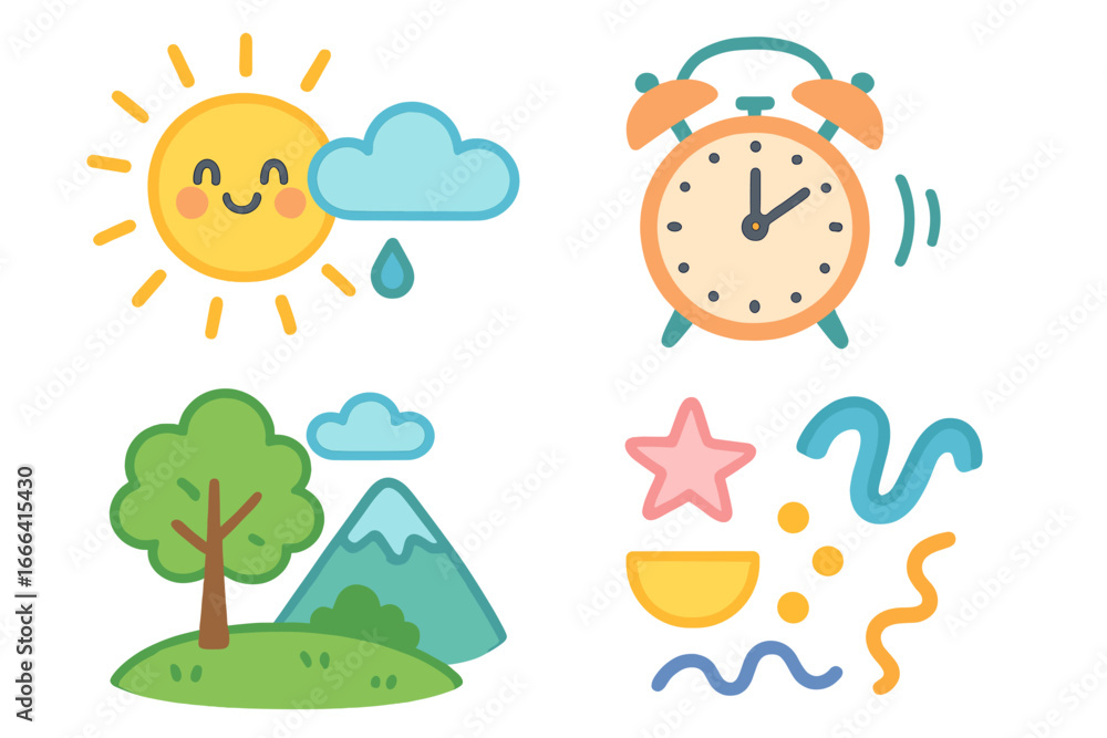 Poster set of cute cartoon vector icons. kawaii weather illustration with smiling sun and cloud. nature lan