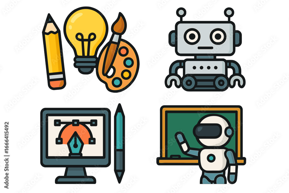 Poster creative tools and robotics icon set representing innovation in technology and art. education concep