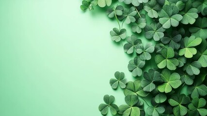 Fresh green clover leaves creating a border on a plain green background, perfect for st. Patrick's day projects