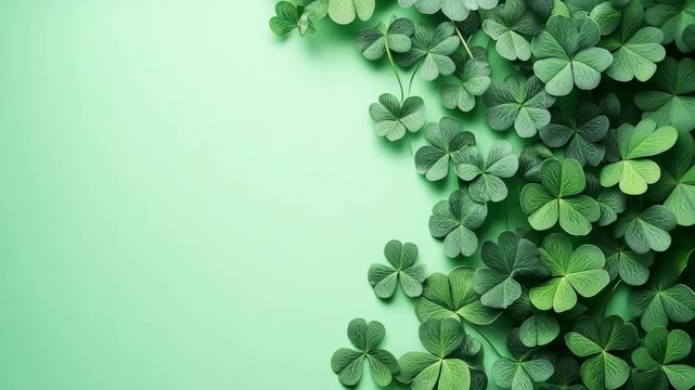 Fresh green clover leaves creating a border on a plain green background, perfect for st. Patrick's day projects
