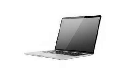 Modern laptop computer displayed open on a dark surface transparent background