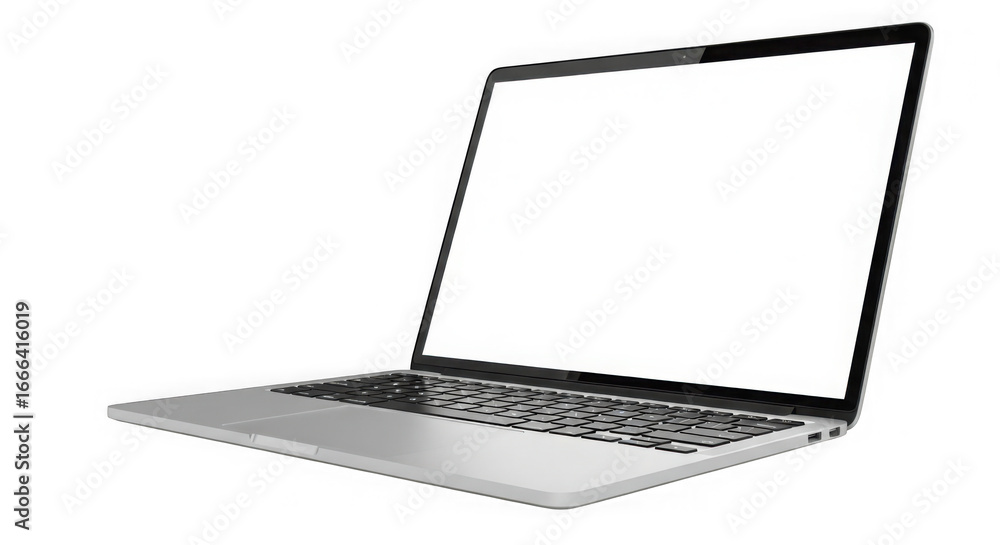 Poster modern silver laptop computer displaying blank screen transparent background