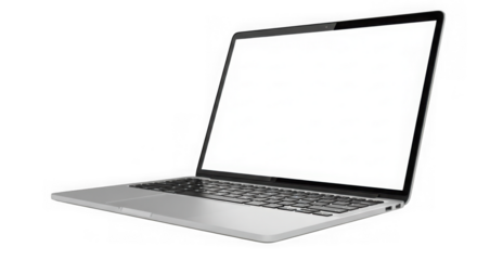 Modern silver laptop computer displaying blank screen transparent background