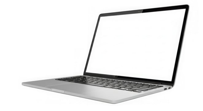 Modern silver laptop computer displaying blank screen transparent background
