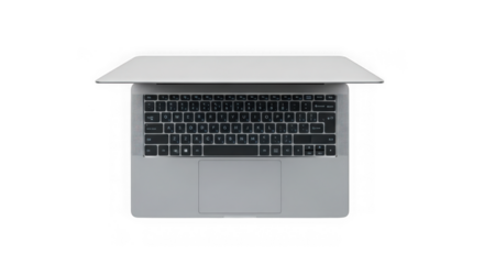 Modern silver laptop open top view isolated on black transparent background