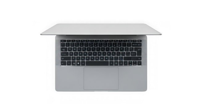 Modern silver laptop open top view isolated on black transparent background