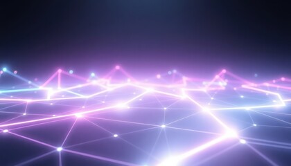 Futuristic abstract network of glowing purple and blue lines connecting dots, representing data flow, digital communication, and technology. Useful for modern business and science concepts.