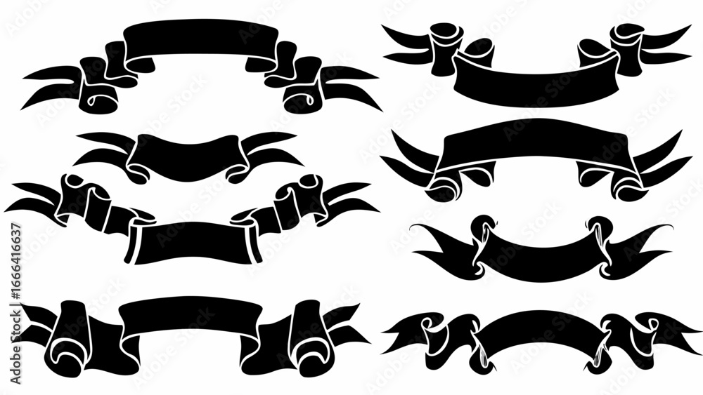 Poster collection of eight black silhouette banner scrolls with curled edges on a white background design e