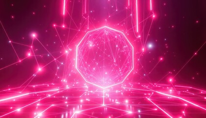 Vibrant pink geometric shape at the heart of a glowing digital network, symbolizing data, technology, and interconnectedness. Perfect for AI, VR, or futuristic themes.