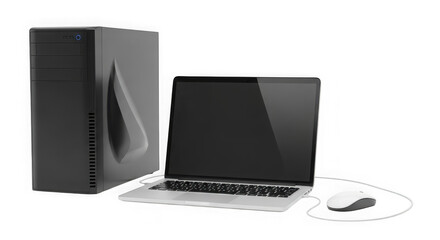 Desktop computer tower laptop and mouse set for modern office work transparent background