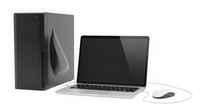 Desktop computer tower laptop and mouse set for modern office work transparent background