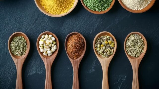 Wooden spoons and small bowls filled with colorful spices and powders rest on a dark slate surface