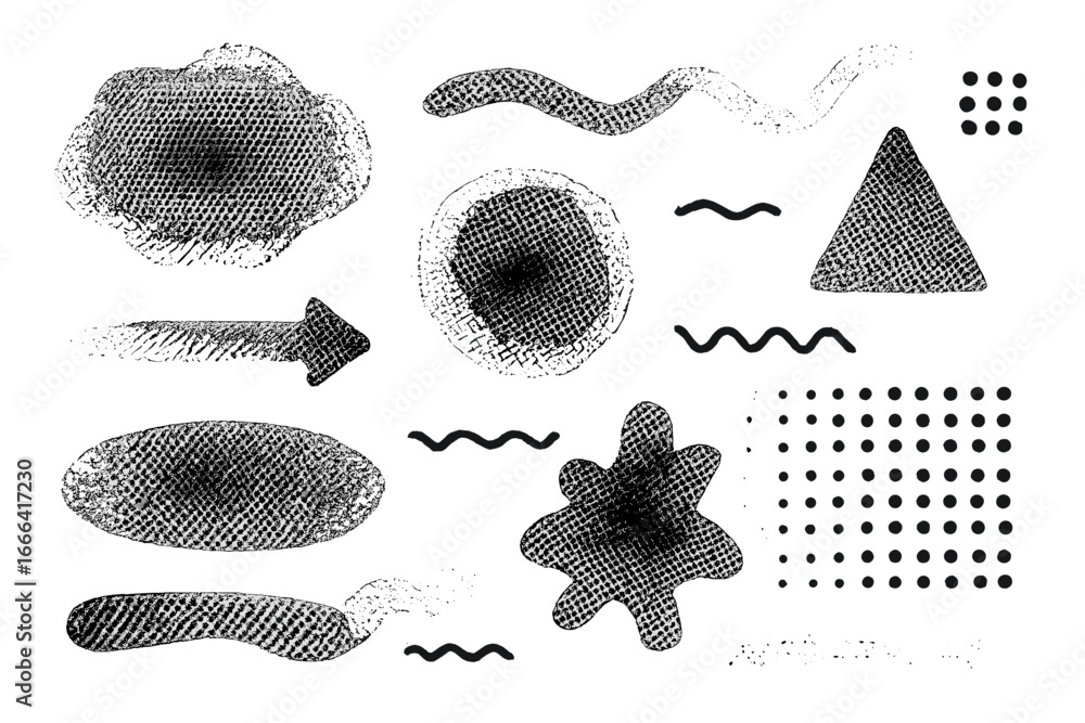 Poster set of abstract grunge shapes with halftone texture. distressed geometric design elements. black and
