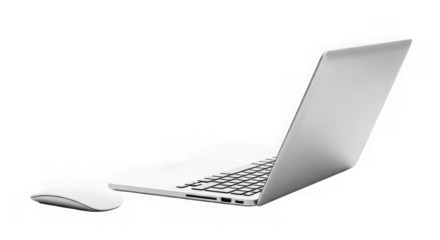 Modern silver laptop and computer mouse on a plain surface transparent background