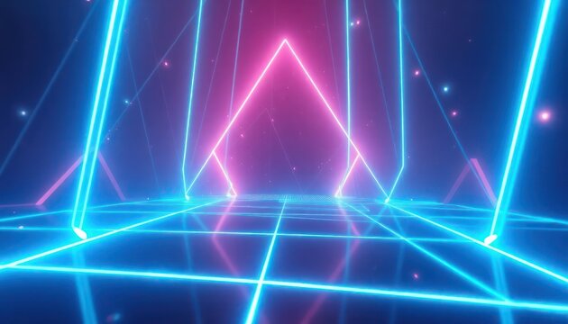 Vibrant neon glow creates a retro-futuristic abstract tunnel, with geometric blue and pink lines forming a dynamic grid background. Perfect for technology, gaming, or party themes. - Powered by Adobe