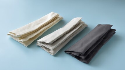 Flat lay of folded cotton tshirts in cream, slate, and charcoal with space for text on light blue background