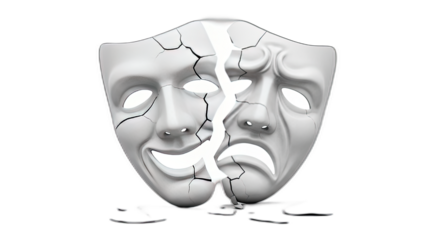 A cracked white mask showing a happy and sad face on a black background illustration