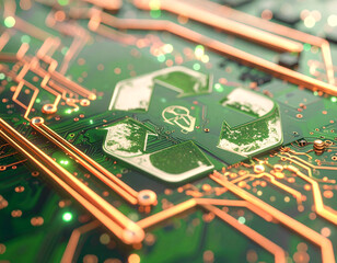 Eco-Tech's Future: A close-up of a circuit board featuring the recycling symbol. The intricate circuitry radiates a glowing green.
