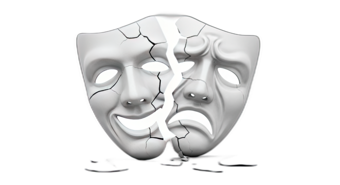 A cracked white mask showing a happy and sad face on a black background illustration