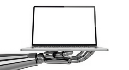 Robotic hand holds laptop with blank screen technology concept transparent background