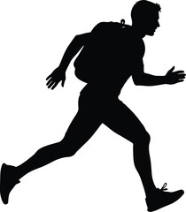 Vector art of a silhouette of a man running with a backpack, showcasing fitness, speed, and determination in a dynamic outdoor activity