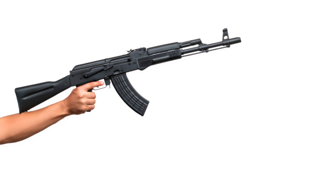 A person holding a black AK-47 rifle in a professional photography style
