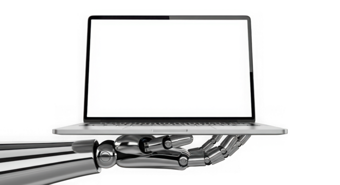 Robotic hand holds laptop with blank screen technology concept transparent background - Powered by Adobe