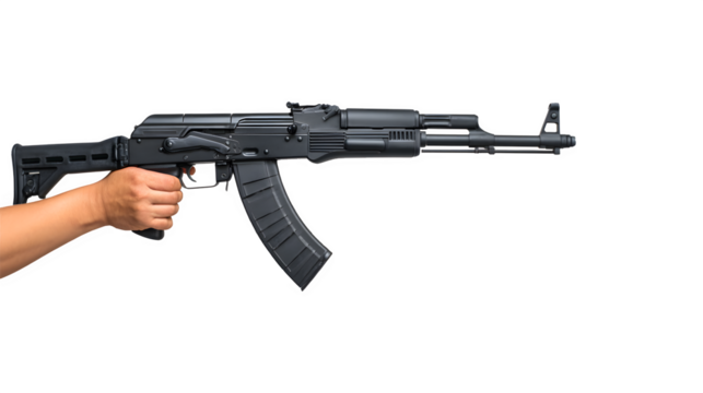 A person holding a black AK-47 rifle in a professional photography style
