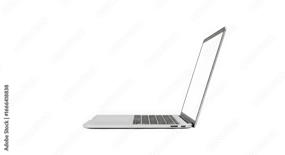 Poster modern laptop profile view showing illuminated screen and keyboard transparent background