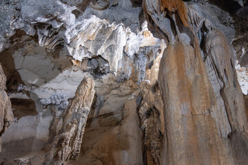 Jang Cave, Vang Vieng, Laos, Limestone stalactites and stalagmites inside natural cave formation in Luang Prabang, Laos