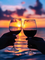Two glasses toasting at sunset on the beach.
