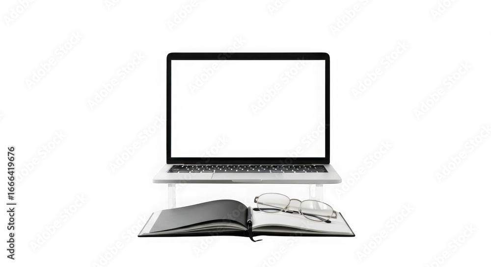 Poster modern laptop setup with open book on a minimalist stand transparent background