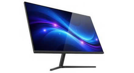 Modern computer monitor displaying vibrant abstract digital art transparent background
