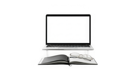 Modern laptop setup with open book on a minimalist stand transparent background