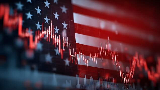 A red stock market graph with the USA flag in front of it, creating an iconic and powerful scene - Powered by Adobe