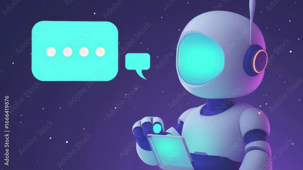 Poster a robot is holding a tablet and talking. the robot is blue and white. the tablet is on the robot's r