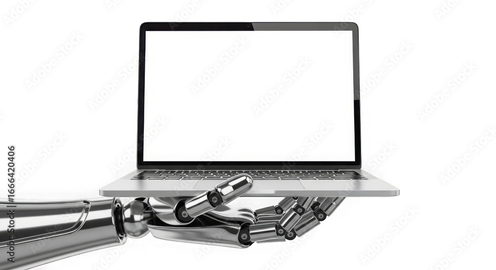 Poster robot hand holds open laptop with blank screen technology concept transparent background