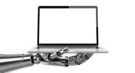 Robot hand holds open laptop with blank screen technology concept transparent background