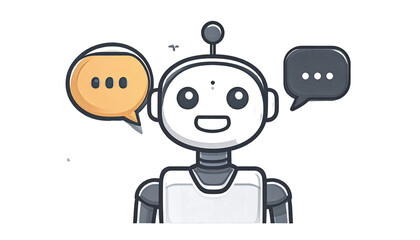 Vector illustration of a friendly AI chatbot robot with speech bubbles, representing communication, customer support, artificial intelligence, and digital interaction. Ideal for technology and custom