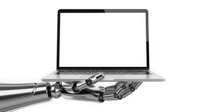 Robot hand holds open laptop with blank screen technology concept transparent background
