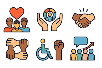 Set of icons for diversity, inclusion, and equality. Community support, teamwork, and social justice concept. Vector pictograms for human rights, racial equity, and disability.