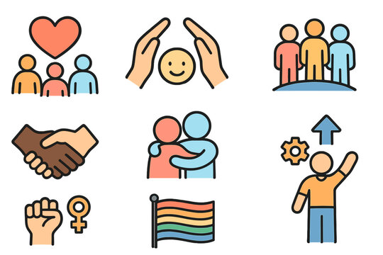 Social issues icon set. Community support, diversity, and inclusion vector pack. Human rights, equality, and teamwork symbols. Pride flag, feminism, and antiracism signs.