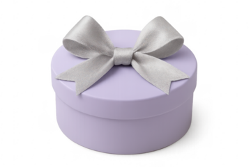 Purple round gift box with silver ribbon on transparent background