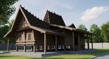 Obraz premium Traditional Southeast Asian Wooden Stilt House Architecture