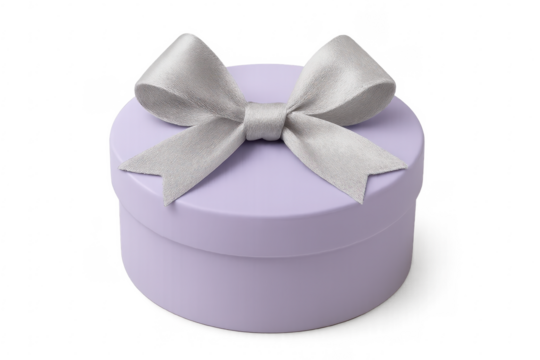 Purple round gift box with silver ribbon on transparent background - Powered by Adobe