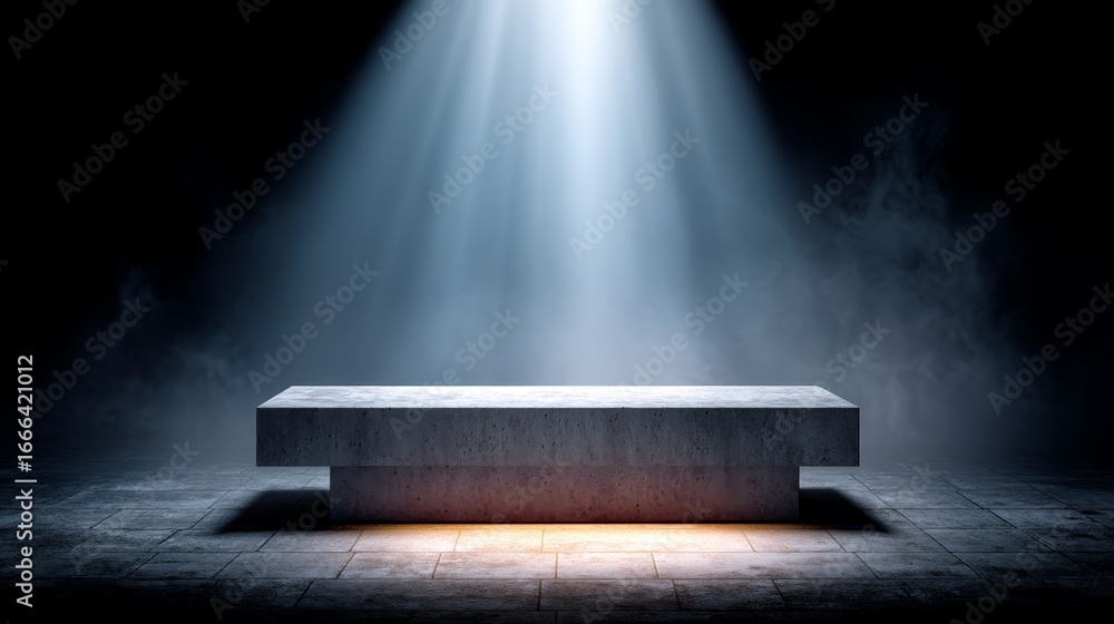 Aufkleber minimalist dark room with illuminated concrete platform under soft spotlight for product presentatio
