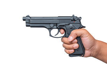 A black handgun held in the left hand, stock photo style
