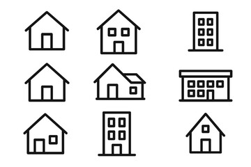 Fototapeta premium House and building icon set. Simple outline collection of home, property, and real estate symbols. Vector architecture graphics for web and app design. Minimalist residential icons.