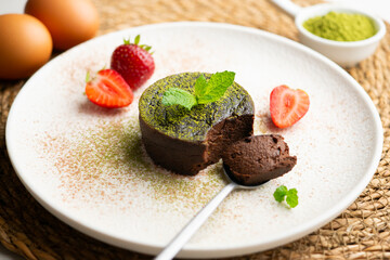 Brownie dark chocolate and matcha tea cake.